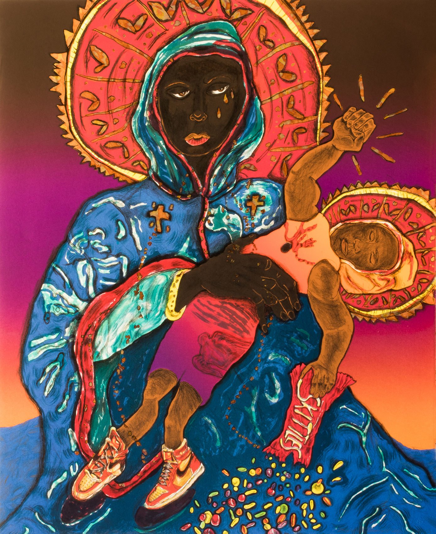 A Black mother in the style of the Virgin Mary holding her child with a spilling skittles bag in one hand and the other raised in a power fist.