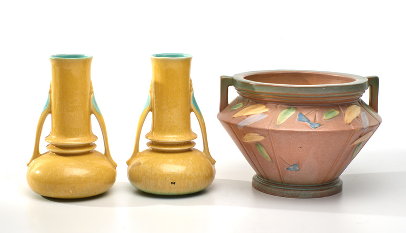 Roseville vases, three