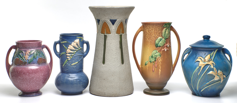 Roseville vases, five