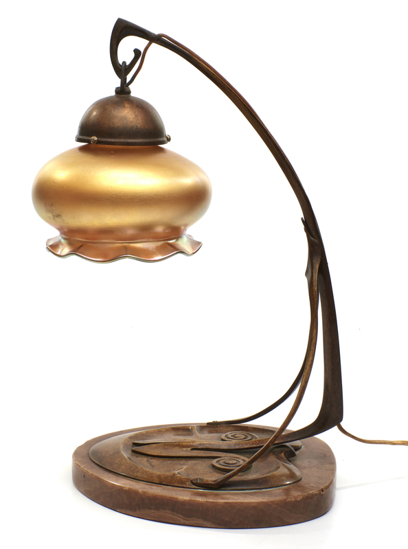 European Art Nouveau lamp with Quezal shade