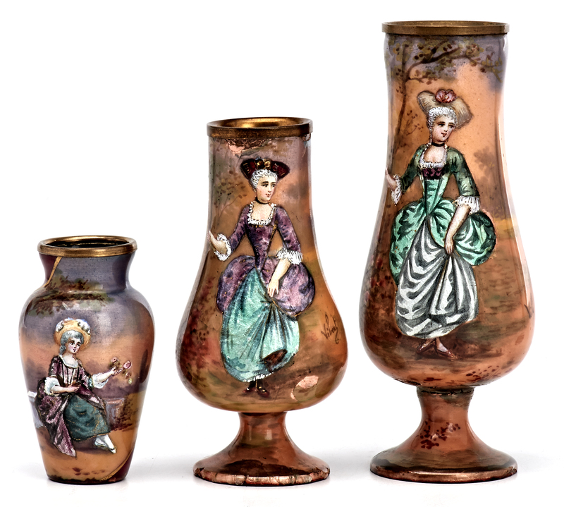 French enamel vases, group of three
