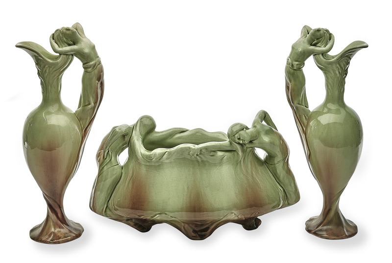 Delphin Massier vases, group of three