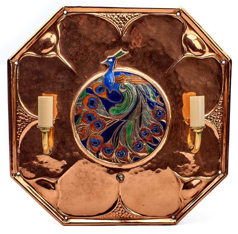English Arts & Crafts Peacock wall sconce