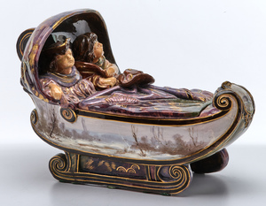Galle covered sleigh with two boys