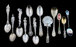 Sterling silver and enameled souvenir spoons, group of twelve