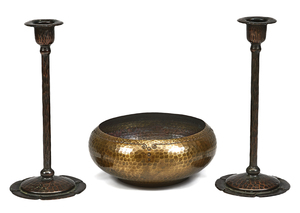 Roycroft candlesticks and bowl